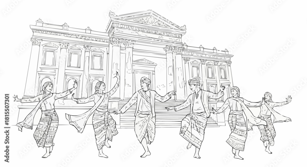 Fototapeta premium Traditional dancers in front of a historical building, performing with grace and cultural significance.