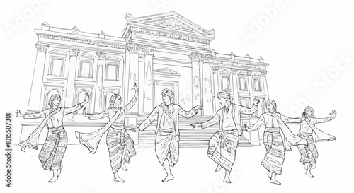 Traditional dancers in front of a historical building, performing with grace and cultural significance.