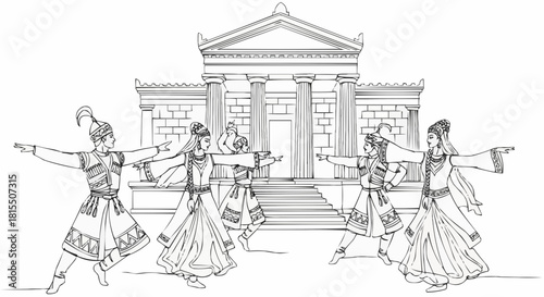 Depicting a graceful dance performance in front of a classical building. The performers, dressed in traditional attire, are frozen in a moment of artistic expression.
