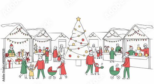 Festive Christmas market scene. A hand-drawn illustration depicting a bustling Christmas market. People shop, the Christmas tree, stalls decorated. 