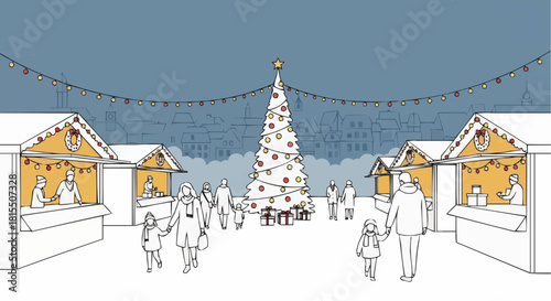 Christmas market scene with Christmas tree and stalls full of people and light decoration
