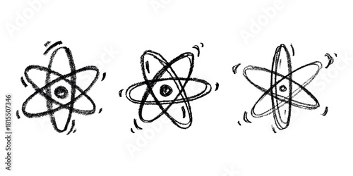 Set of hand drawn atom sign Molecule clipart in doodle style Symbol of science, education, nuclear energy, scientific research, molecular chemistry Single element for print, web, design