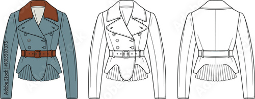 Tailored Double-Breasted Peplum Jacket Technical Fashion Sketch Vector Illustration, Women's Belted Blazer Flat Drawing Template, Modern Coat Outerwear Apparel Design.