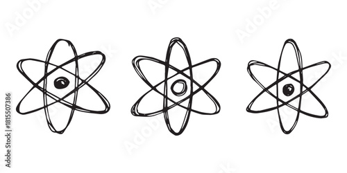 Set of hand drawn atom sign Molecule clipart in doodle style Symbol of science, education, nuclear energy, scientific research, molecular chemistry Single element for print, web, design