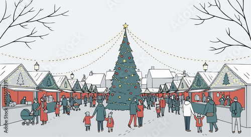 Christmas market full of people, a decorated christmas tree in the center.