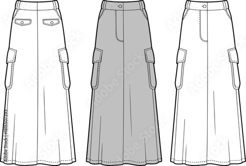Women's A-Line Maxi Cargo Skirt Technical Fashion Sketch Vector, Utility Long Skirt Flat Drawing Template, Stylish Streetwear Apparel Tech Pack Design, editable.