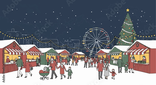 A bustling Christmas market under a starry night sky. The scene showcases festive stalls, a ferris wheel, and a beautifully decorated Christmas tree, with people enjoying the holiday atmosphere.