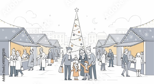 A festive scene of a Christmas market. A family and people are shopping around the market. 