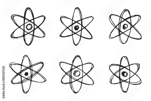 Set of hand drawn atom sign Molecule clipart in doodle style Symbol of science, education, nuclear energy, scientific research, molecular chemistry Single element for print, web, design