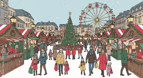 A bustling Christmas market scene with festive decorations and a ferris wheel.