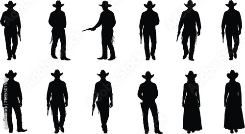 Cowboy and cowgirl silhouettes collection, western people vector illustration, wild west ranch lifestyle art, vintage country style design elements