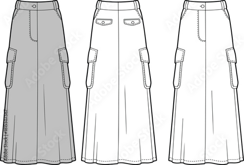 Long Cargo Skirt Technical Fashion Sketch Vector Illustration, Women's Maxi Utility Skirt Flat Drawing Template, Stylish Casual Apparel Design, editable.