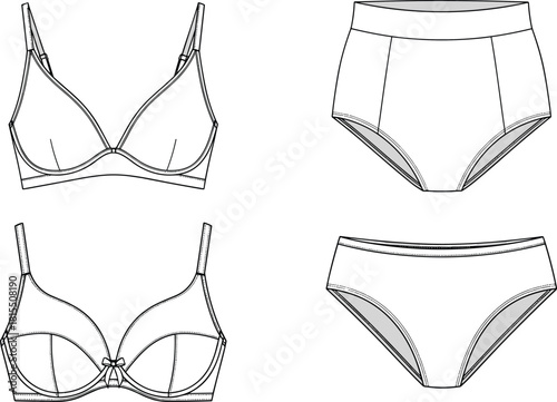 Technical flat sketch set of lingerie, including two bra styles and two panties (high-waisted and hipster), vector illustration for apparel fashion design and templates.