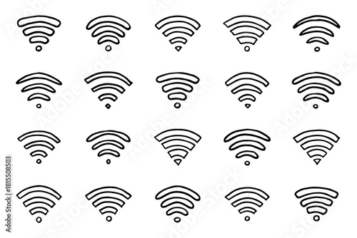 Set of hand drawn free wifi spot zone sign Public wi-fi area sign Wireless internet clipart in doodle style Single element for print, web, design, decor 3G, 4G, 5G, 6G, IoT
