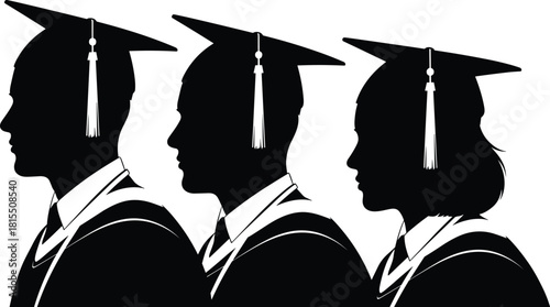 Graduation ceremony silhouette of three students, two males and one female, wearing caps, gowns, and stoles, celebrating academic achievement and success.