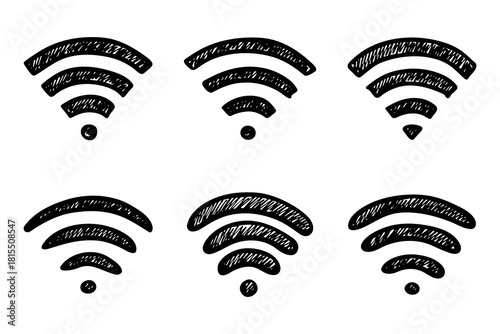 Set of hand drawn free wifi spot zone sign Public wi-fi area sign Wireless internet clipart in doodle style Single element for print, web, design, decor 3G, 4G, 5G, 6G, IoT