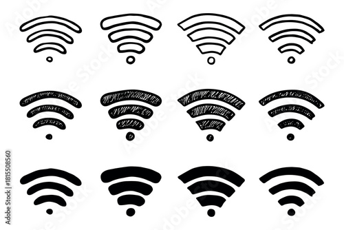 Set of hand drawn free wifi spot zone sign Public wi-fi area sign Wireless internet clipart in doodle style Single element for print, web, design, decor 3G, 4G, 5G, 6G, IoT