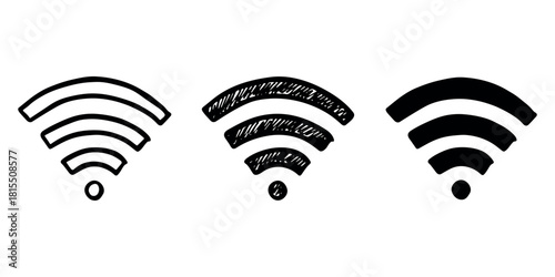 Set of hand drawn free wifi spot zone sign Public wi-fi area sign Wireless internet clipart in doodle style Single element for print, web, design, decor 3G, 4G, 5G, 6G, IoT