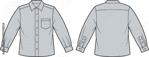 Fashion Flat Sketch Classic Long Sleeve Button-Down Shirt, Point Collar, Chest Patch Pocket, Technical Drawing Vector Illustration, Front and Back View.