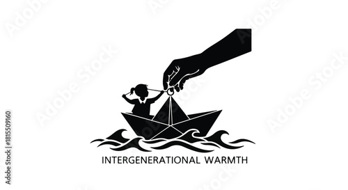 Gentle hand guides child in paper boat across wavy water, symbolizing support and guidance