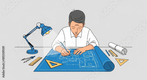 Engineering Workspace with Tools, Tablet, and Blueprint – Concept Illustration
