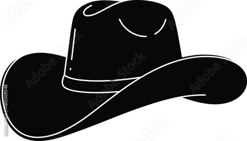 Black cowboy hat silhouette illustration, western fashion icon, wild west headwear design, vintage ranch style, country lifestyle art