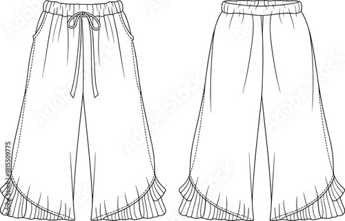 Women’s wide leg pants flat sketch, ruffle hem trousers, elastic waistband, side pockets, apparel template, clothing design, cad drawing flat vector illustration