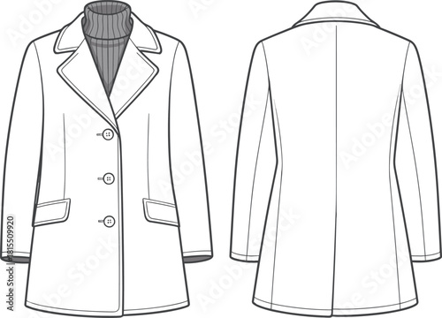 Women's coat front back view, tailored design, notched lapel collar, flap pockets, button closure, fashion flat sketch, cad drawing flat vector illustration