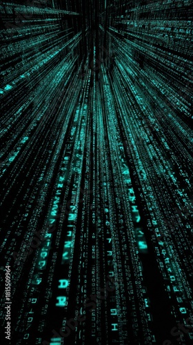 A digital matrix effect with cascading green code, creating an immersive, futuristic atmosphere.