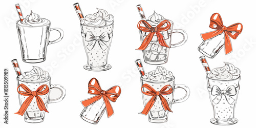 Festive Holiday Drinks Collection with Whipped Cream and Bows