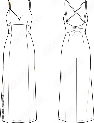 Women's dress technical sketch, fashion flat design, CAD drawing, vector illustration, garment construction, sewing pattern, crisscross strap, sweetheart neckline