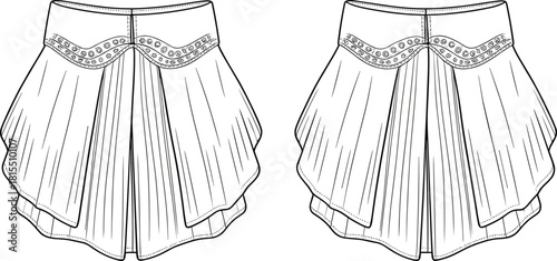 Women's fashion skirt CAD design, pleated flare mini skirt, technical flat sketch, vector illustration, apparel template for designers.Women's fashion skirt CAD design