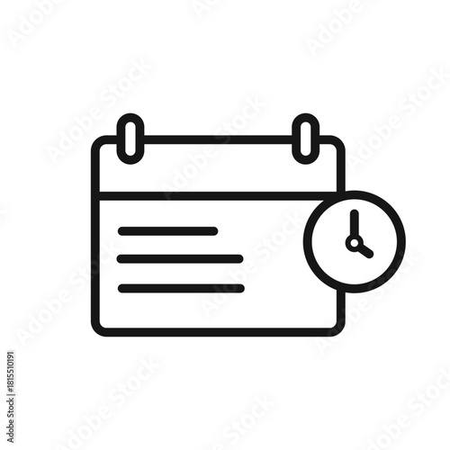Calendar outline with clock symbol template, simple study planner icon, minimal productivity vector