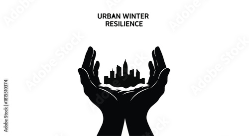 Hands cradle a city skyline, symbolizing urban resilience through winter.