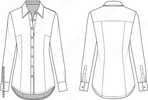 Women's shirt technical sketch, fashion flat drawing, long sleeve blouse design, garment construction vector, apparel template, cad drawing flat vector illustration