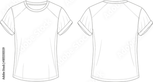 Women's raglan sleeve t-shirt front and back view, fashion flat sketch, technical garment design, vector template, cad drawing flat vector illustration