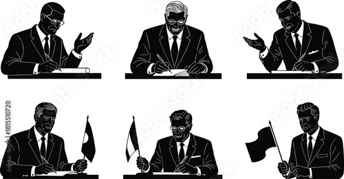 World leaders signing agreements, discussing treaties, holding national flags, formal contract signing, international diplomacy, political cooperation, global negotiation scene