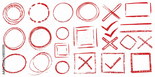 Hand Drawn Red Circle and Check Mark Set for Emphasis, Perfect for Presentations, Note Taking, and Visual Communication, Originally a Scalable Vector Graphic