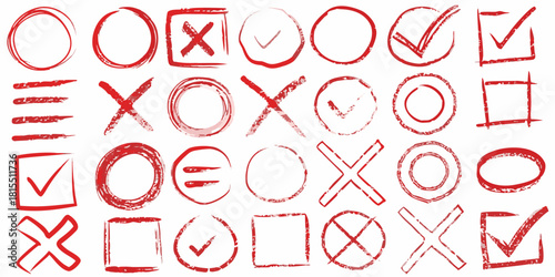 Dynamic collection of hand-drawn red check marks, crosses, circles, squares offers versatile design elements for projects, emphasizing choices and decisions