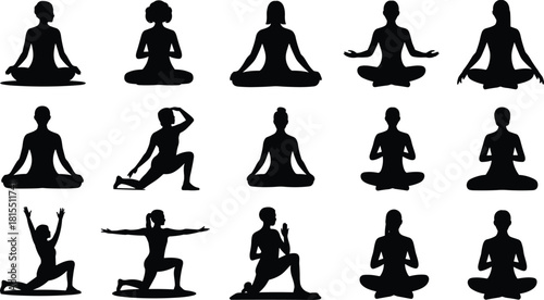 Yoga poses silhouette set, meditation, stretching exercises, flexibility, health, wellness, fitness, yoga movements, peaceful mind, calm body.