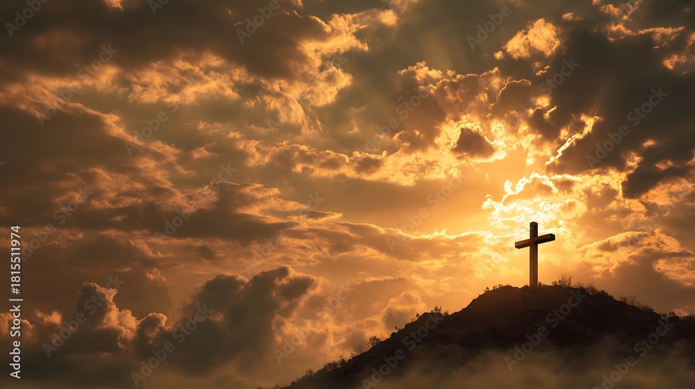 Fototapeta premium Cross on Hilltop Against Dramatic Sunset Sky