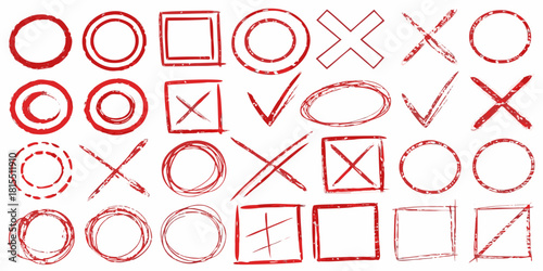 Artistic hand drawn red marks for approval, rejection, and selections in grungy style, perfect for creative projects and designs