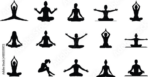 Yoga silhouette poses, meditation practice, mindfulness, stretching exercises, relaxation, wellness, calm, lotus pose, yoga session, fitness, flexibility, balance, healthy lifestyle,