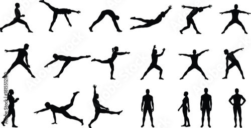 Yoga silhouettes, stretching exercises, balance poses, flexibility training, workout routine, body movement, athletic postures, fitness stretches, active lifestyle, wellness practice