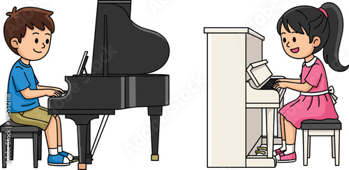 Young boy and girl playing piano together, kids practicing music, piano lessons, children enjoying musical instrument, learning and fun activity