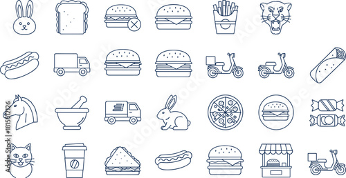 Outlined icon set featuring food items, animals, and vehicles—hamburgers, rabbits, scooters, trucks, and more for UI, infographic, and design use - flavector