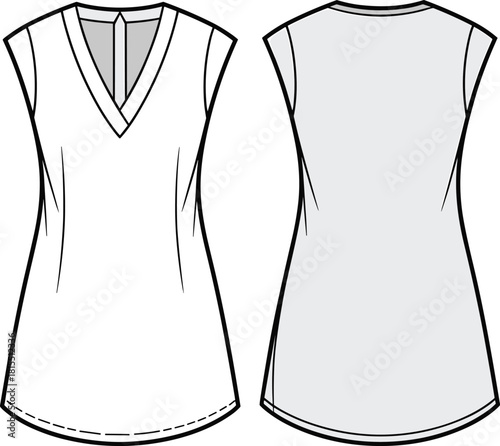 Fashion Flat Sketch Tunic Top with V-Neckline, Cap Sleeves, Fit-and-Flare Silhouette, Technical Drawing Vector Illustration, Women's Apparel Template.