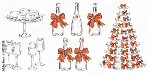 Elegant champagne bottles with bows and glasses for celebrations, perfect for festive occasions and joyful gatherings, originally scalable vector graphic