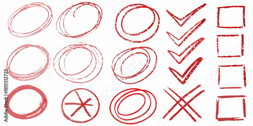 Hand drawn style vector set of circles, crosses, check marks and squares in red, perfect for adding a personal touch to your designs or presentations