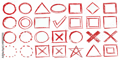 Hand Drawn Red Shapes Collection: Circles, Squares, Triangles, Check Marks & Crosses for Creative Design Projects, Perfect for Branding and Icons